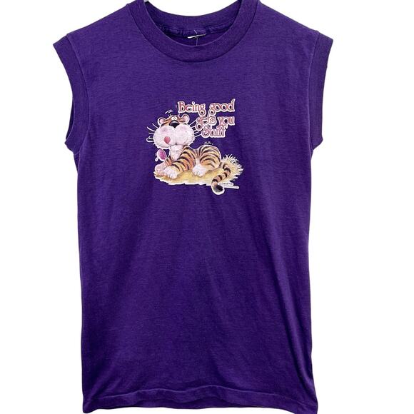 Vintage 80s Single Stitch Baby Tee Being Good Gets You Stuff Tiger Shirt Size XS - Picture 1 of 3